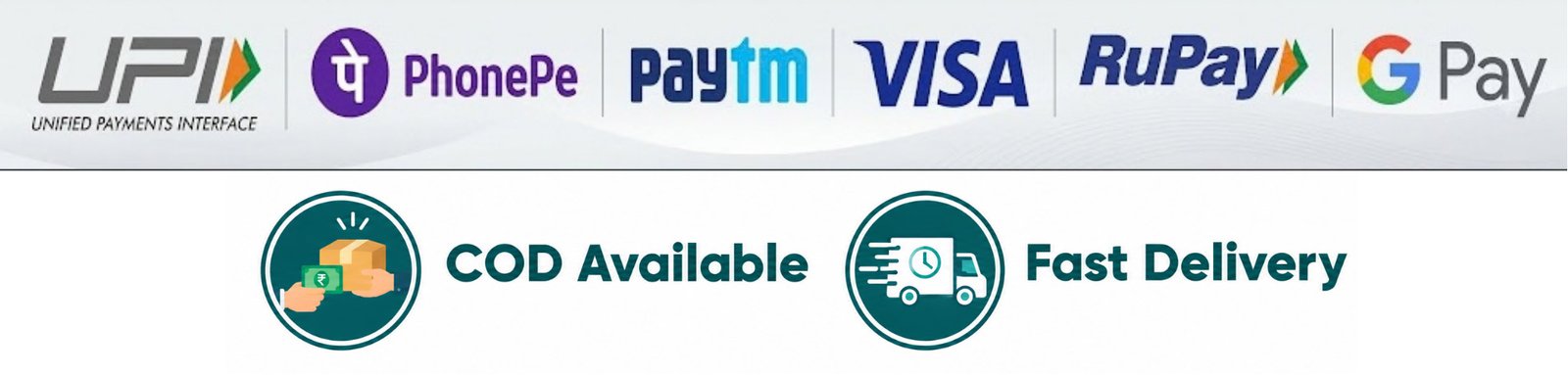 Secure payment: UPI, PhonePe, Paytm, Visa, Mastercard, RuPay, Google Pay
